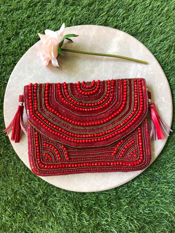 RED  BEAD BOHO STYLE CLUTCH BAG FOR WOMEN-JCBCB002