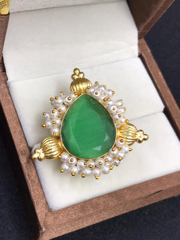 STYLISH GREEN STONE WITH  PEARL  AGATE  DESIGNER RING FOR WOMEN -MOEAR0012