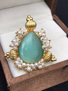 STYLISH AGAVE BLUE STONE WITH  PEARL  AGATE  DESIGNER RING FOR WOMEN -MOEAR0013