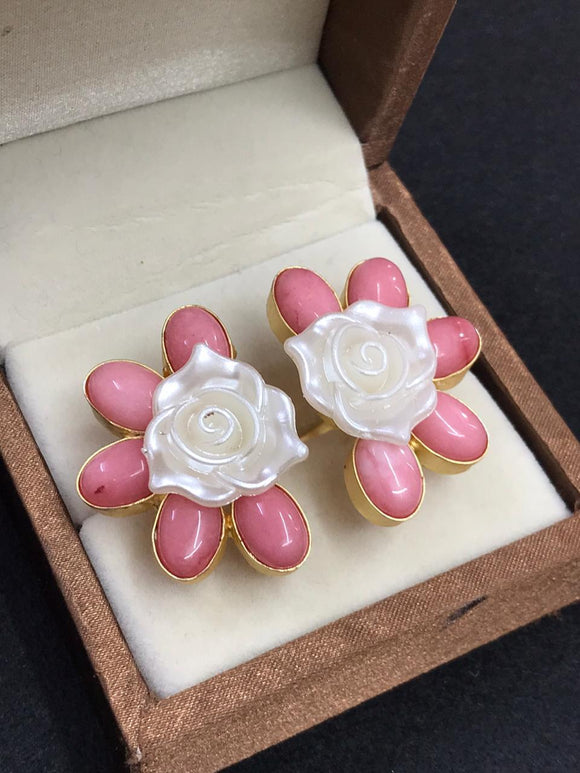 WHITE ROSE WITH PINK PETALS AGATE STONE DESIGNER RING FOR WOMEN -MOEAR001
