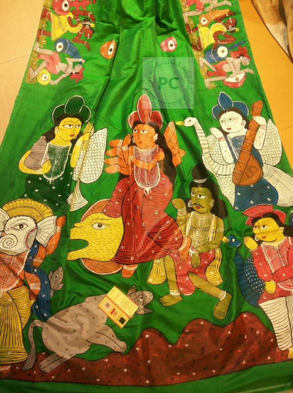 Patachitra on Pure Hand Weaved Sonamukhi Silk Saree  With Silk Mark-PS0220360G