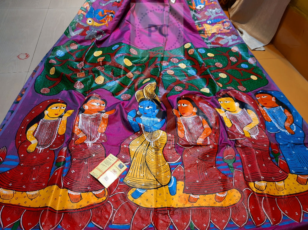 Patachitra on Pure Hand Weaved Sonamukhi Silk Saree With Silk Mark-PS0220360W