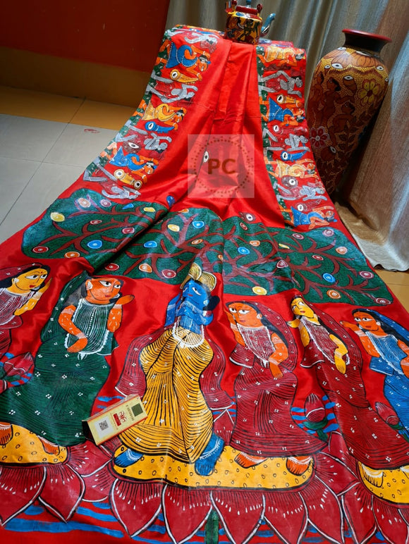 Patachitra on Pure Hand Weaved Sonamukhi Silk Saree  With Silk Mark-PS0220360R
