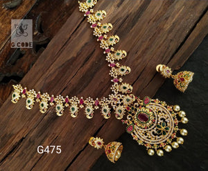 GOLD FINISH TEMPLE NECKLACE SET WITH RUBIES & PEARLS FOR WOMEN -NS001