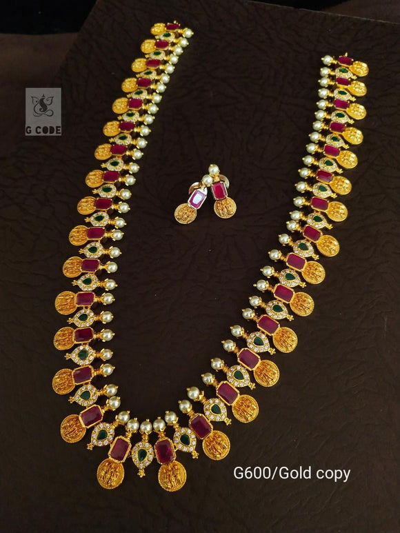 GOLD FINISH TEMPLE NECKLACE SET WITH RUBIES AND PEARLS FOR WOMEN -TJNS001