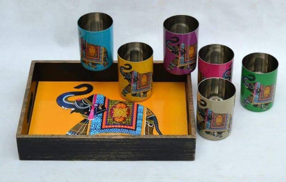 Mustard Elephant Designer Wooden tray and set of 6  steel glasses-HDTG002