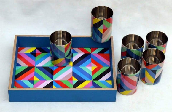 Geometric Pattern Designer Wooden tray and set of 6  steel glasses-HDTG001