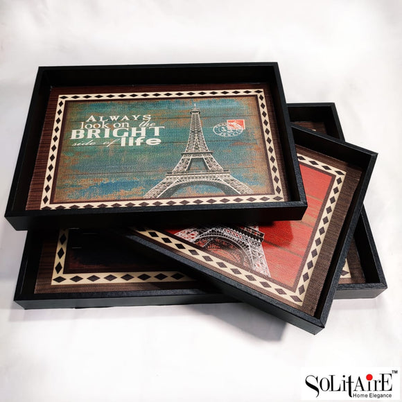 Set of 3 Exclusive Eiffel Tower  Design  Classy Rectangular Wooden  Serving Trays-HDSTRST3001