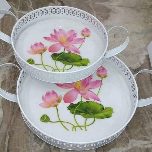 Set of 2 Exclusive White with Lotus Design  Classy Round serving Tray