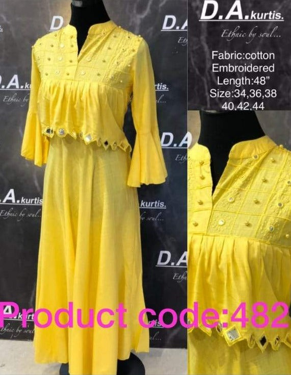 YELLOW D.A COTTON EMBROIDERED KURTI FOR WOMEN-DACK00IY