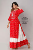 WHITE AND RED COTTON SLUB KURTI WITH SKIRT-D.NO. - 4471