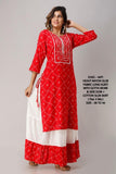 WHITE AND RED COTTON SLUB KURTI WITH SKIRT-D.NO. - 4471