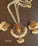 SHREE KRISHNA REAL KEMP STONE PENDANT WITH PEARL CHAIN AND MATCHING EARRINGS-NSJG001