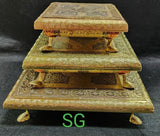 SET OF 3 GOLDEN ANTIQUE CHOWKI WITH METAL LEGS-SGW001C