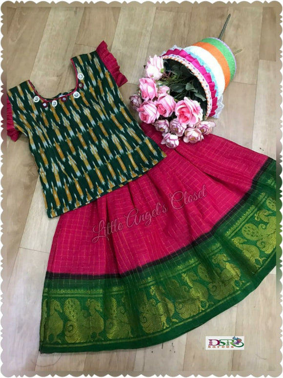 Fusion of Ikkat Top and  Madurai Sangudi Skirt-LC2KS003