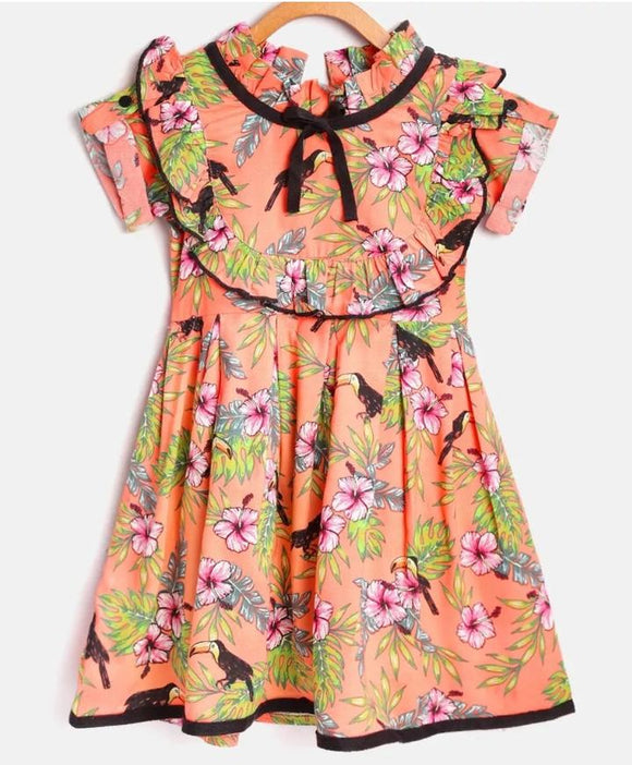 PEACH  FLORAL PRINTED FRILL FROCK FOR GIRLS-ESCGF003