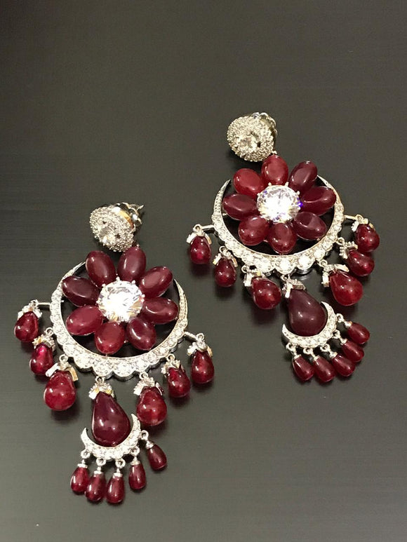 Ruby Red Platinum plated Diamond replica Earrings studded with original Pota Stones-MOEWE1775R