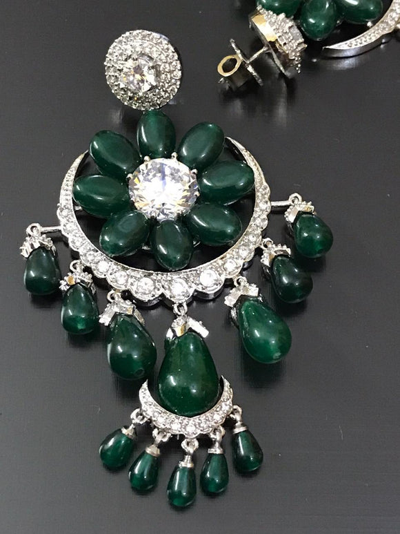 Jade Green Platinum plated Diamond replica Earrings studded with original Pota Stones-MOEWE1775