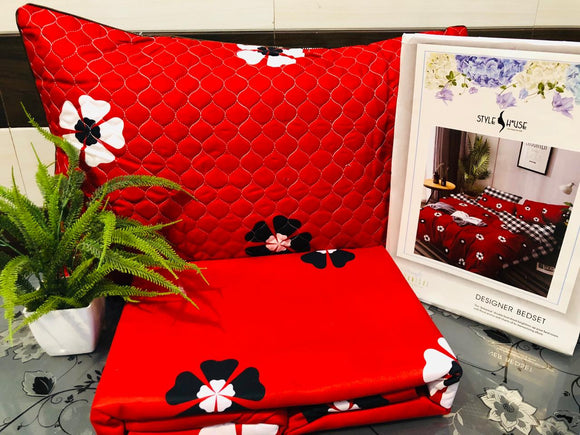 RED NEW  BOTANICAL BED SHEET  WITH PAIR OF QUILTED PILLOW COVER-GTCBS004