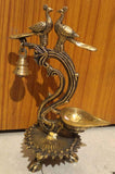PREM MAYURI, ANTIQUE FINISH BRASS DOUBLE PEACOCK  DEEPAM /LAMP WITH A  SINGLE LARGE  DIYA-HDSGWBD002