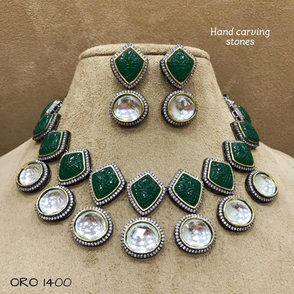 JADE HANDCARVED ROYAL ELEGANT KUNDAN NECKLACE SET WITH MATCHING EARRINGS FOR WOMEN-MOE5NSCW018