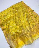 GOLDEN YELLOW CHANDERI SILK SAREE WITH INTRICATE GREEN LEAF EMBROIDERY-SACSSW0221