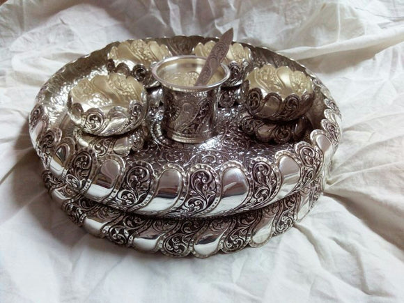 ANTIQUE SILVER FINISH GERMAN SILVER THALI SET FOR PUJA-SGWSS022