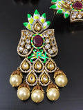 Gold plated Hand Painted Silver foil Kundan Pendant Set with Real Baroque Mala with matching earrings-MOE5RBNSW001