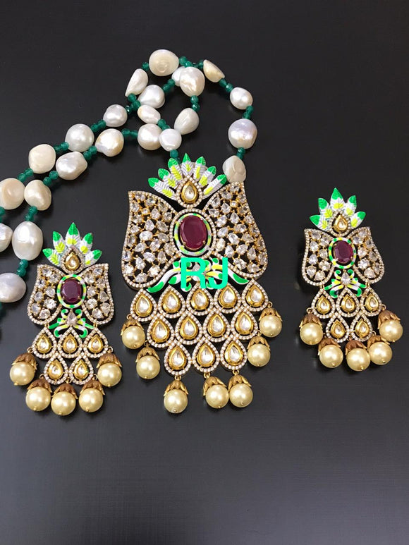 Gold plated Hand Painted Silver foil Kundan Pendant Set with Real Baroque Mala with matching earrings-MOE5RBNSW001
