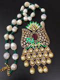 Gold plated Hand Painted Silver foil Kundan Pendant Set with Real Baroque Mala with matching earrings-MOE5RBNSW001
