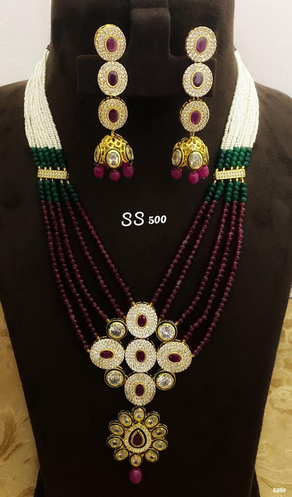 Cz Kundan Pendant Set with Oynx & Hyderabadi pearl mala-MOEKNSW0022