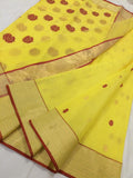 YELLOW CHANDERI SILK COTTON SAREE WITH RED FLOWER DESIGNS AND RED PIPING-SACSCS001