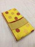 YELLOW CHANDERI SILK COTTON SAREE WITH RED FLOWER DESIGNS AND RED PIPING-SACSCS001