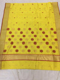 YELLOW CHANDERI SILK COTTON SAREE WITH RED FLOWER DESIGNS AND RED PIPING-SACSCS001