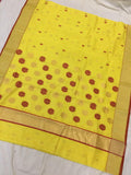 YELLOW CHANDERI SILK COTTON SAREE WITH RED FLOWER DESIGNS AND RED PIPING-SACSCS001