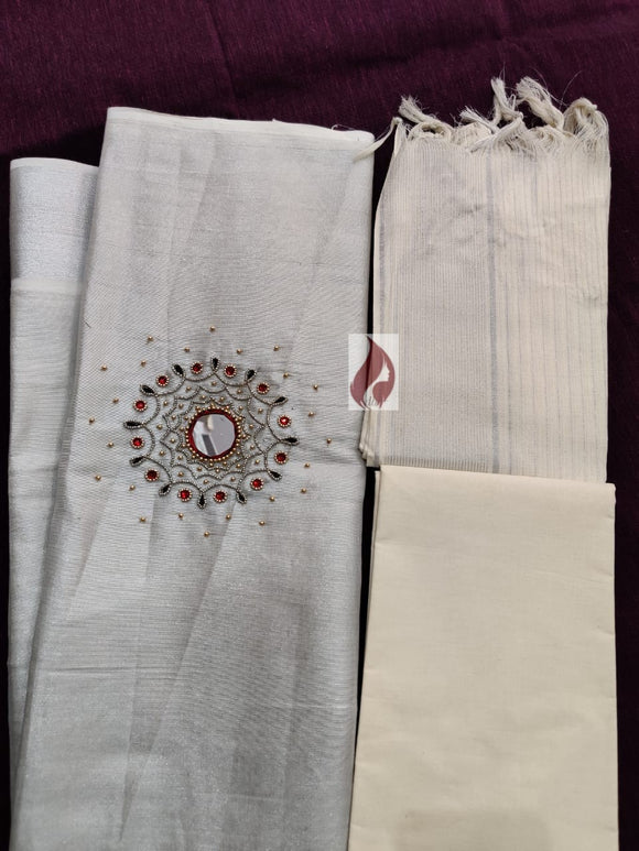 Beautiful Aari Work On Silver Tissue Churidar for Women-CFRSSMW006