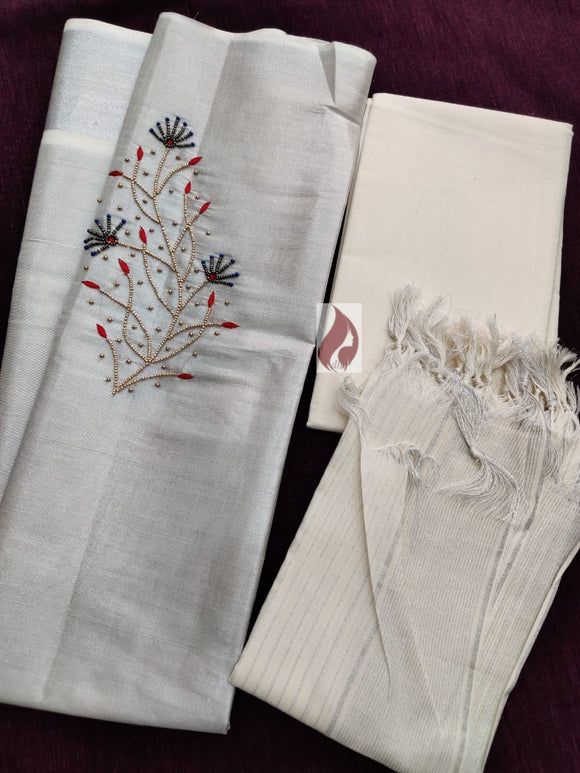 Beautiful Aari Work On Silver Tissue Churidar for Women-CFRSSMW001