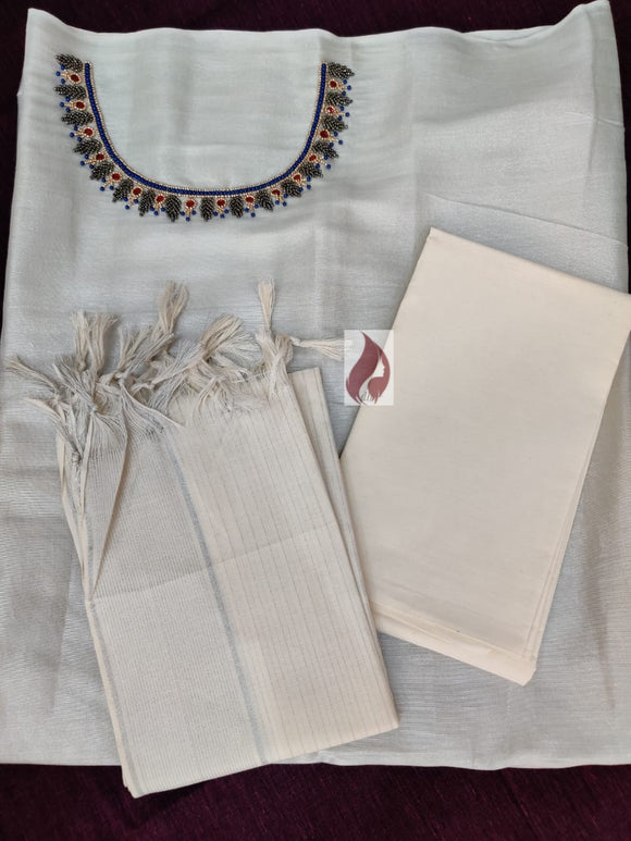 Beautiful Aari Work On Silver Tissue Churidar for Women-CFRSSMW002
