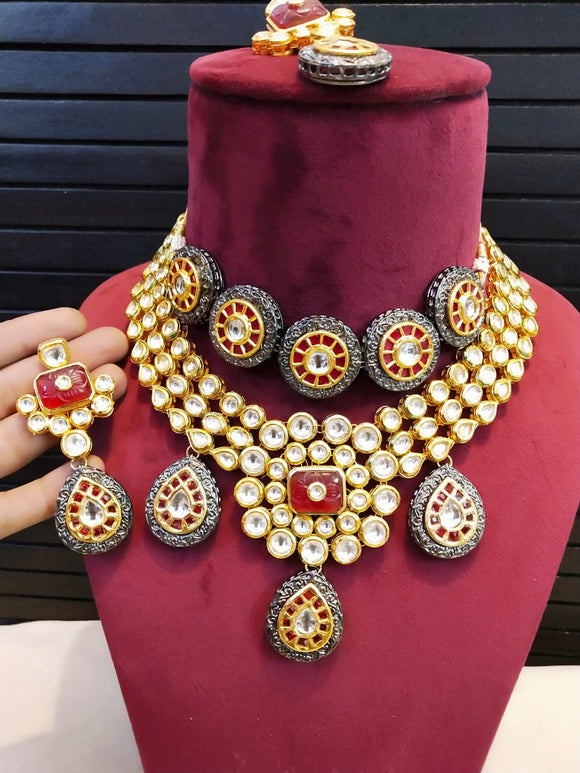FUSION KUNDAN NECKLACE SET WITH MAANGTIKKA FOR WOMEN -SKD3FNSWMT001