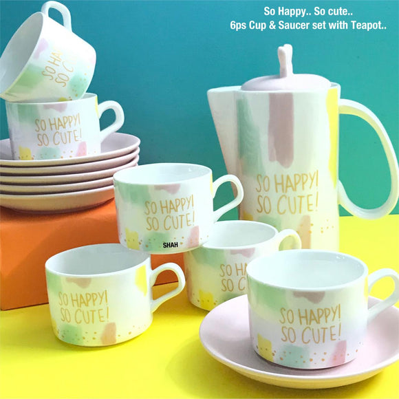 SO HAPPY SO CUTE, SET OF 6 CUP AND SAUCERS WITH TEA POT-SKDHDCSS033