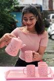 PINK BUTTERFLIES, NEW CLASSY PINK CUP AND TEA POT WITH TRAY -SKDHD0035