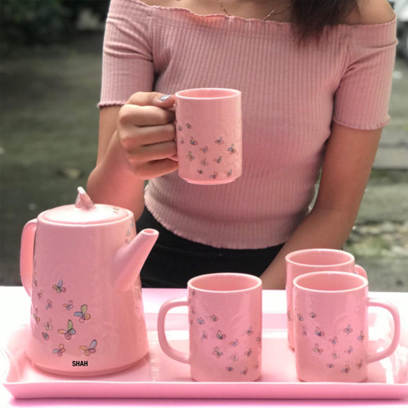 PINK BUTTERFLIES, NEW CLASSY PINK CUP AND TEA POT WITH TRAY -SKDHD0035