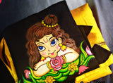CUTE LITTLE KRISHNA MURAL DESIGN BLACK BLOUSE WITH GOLDEN YELLOW PATTUPAVADA FOR GIRLS-CFRPPMDG007