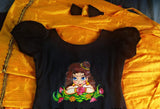CUTE LITTLE KRISHNA MURAL DESIGN BLACK BLOUSE WITH GOLDEN YELLOW PATTUPAVADA FOR GIRLS-CFRPPMDG007