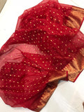 TRADITIONAL RED BRIDAL  DESIGNER KATAN SILK SAREE WITH GOLDEN BUTTIES AND  HAND WEAVED WORK-SACSKS0039