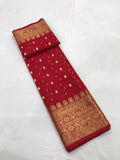 TRADITIONAL RED BRIDAL  DESIGNER KATAN SILK SAREE WITH GOLDEN BUTTIES AND  HAND WEAVED WORK-SACSKS0039