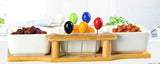 WHITE PORCELAIN CONNECTED BOWLS WITH WOODEN STAND AND COLORED SNACK STICKS-SKDPP001