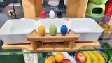 WHITE PORCELAIN CONNECTED BOWLS WITH WOODEN STAND AND COLORED SNACK STICKS-SKDPP001