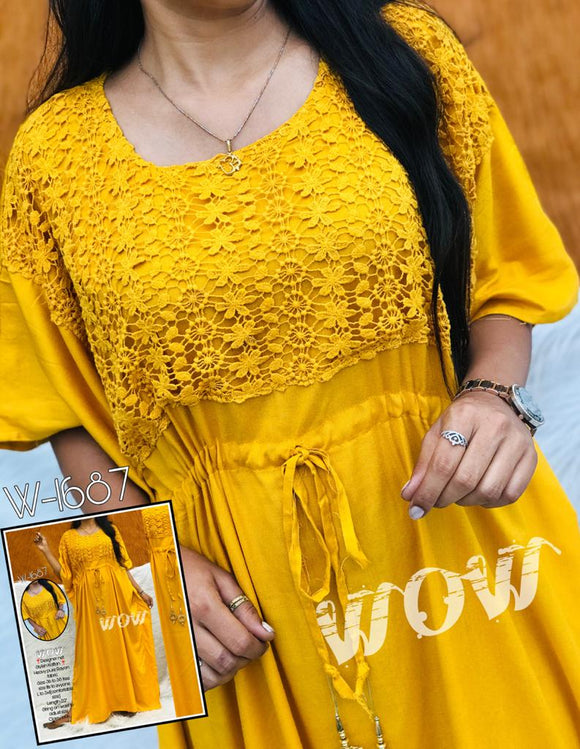 Golden  Yellow  Wow Designer Cotton Lace Stylish Kaftan/Nighty  for Women -FBSKW001GY