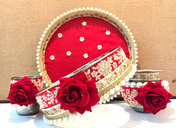 Pearl and Rose inspired Karwachauth sets with pearl handwork on thaali along with the beaded laces